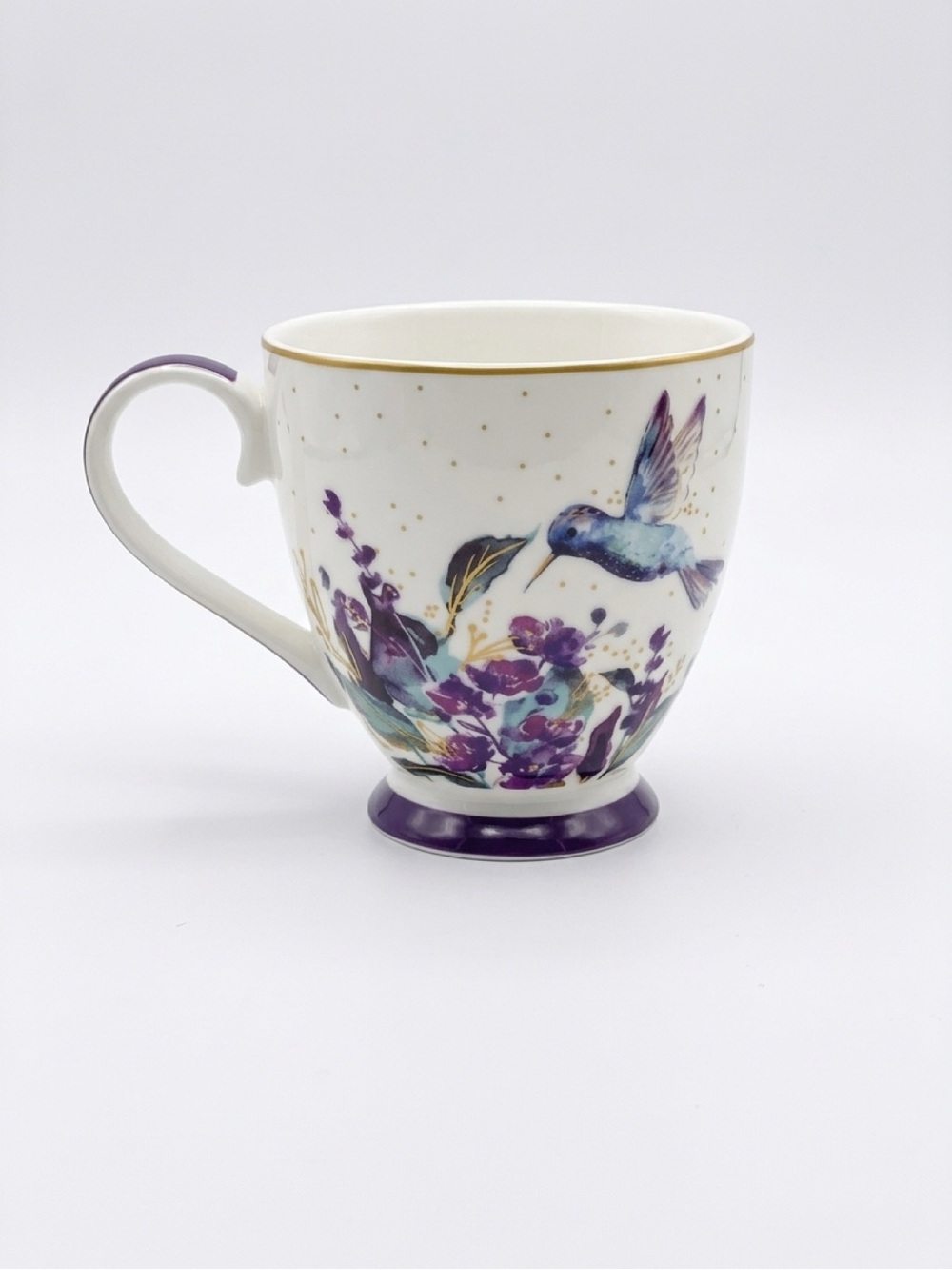 Porcelain Hummingbird Floral Mug in Purple with Gold Trim